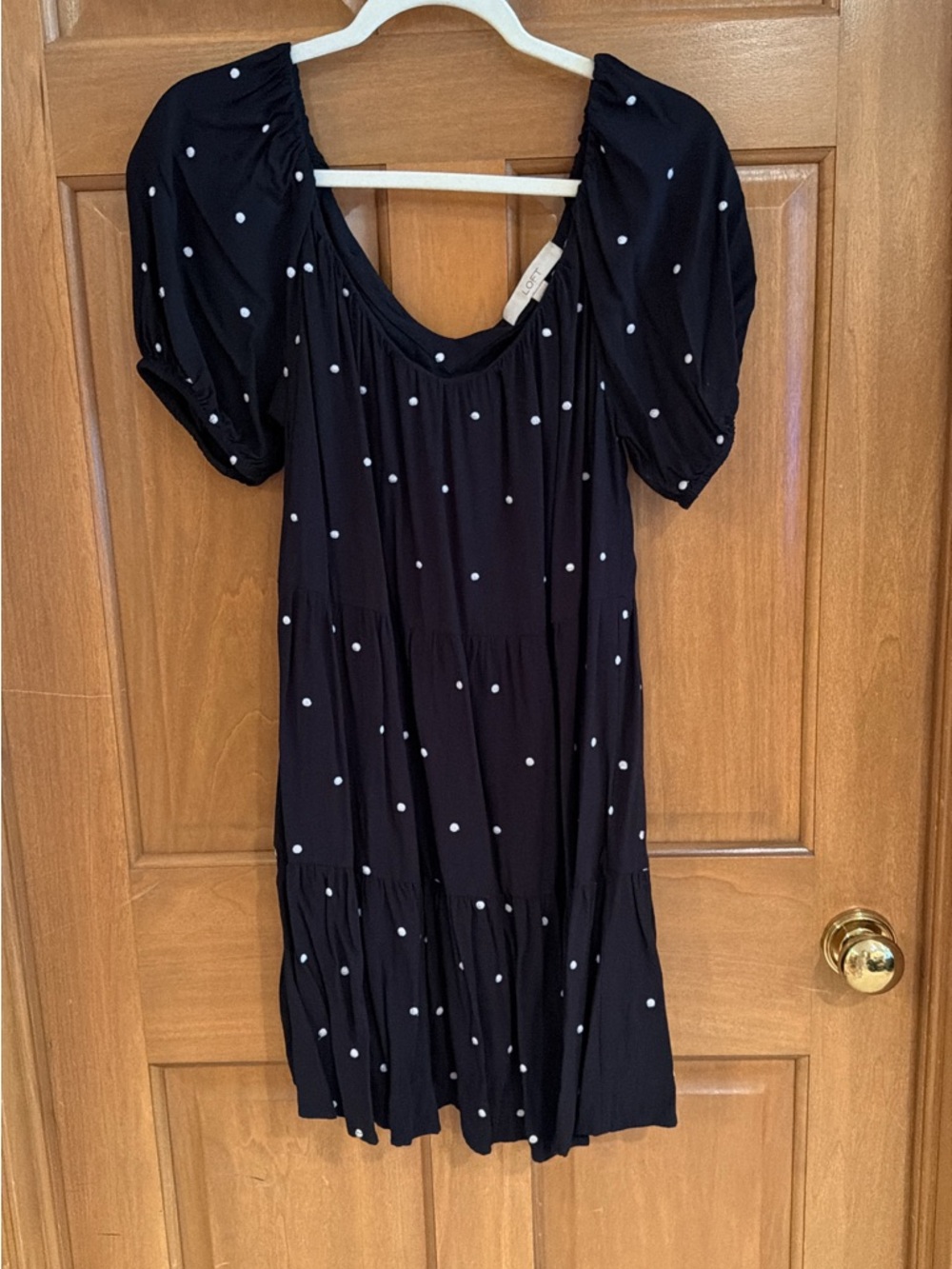 LOFT Black Short Sleeve Polka Dot Tiered Dress